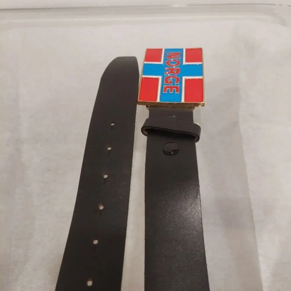 Black Italian Leather Belt with a buckle featuring the flag of Norway 